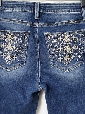 Miss Me Womens Skinny Jeans Sz 27 Floral Rhinestone Embellished Boho Biker Bling